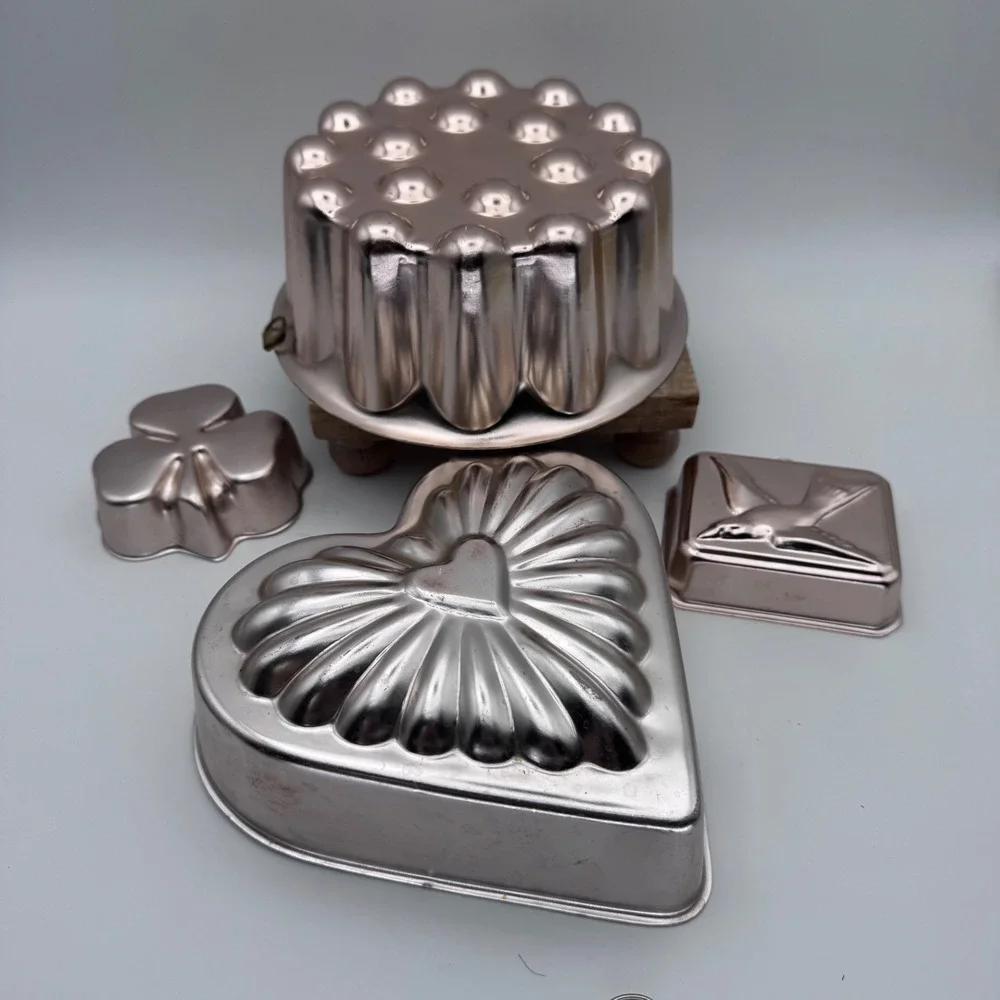 Vintage Copper Aluminum Jello Mold Set Heart Shamrock Bird Fluted 4pc Kitchen